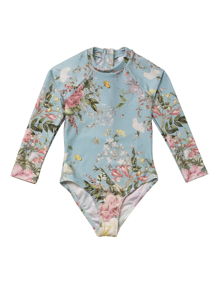 Kids Zimmermann Swimwear Waverly Long Sleeve 1pc Light Blue Floral