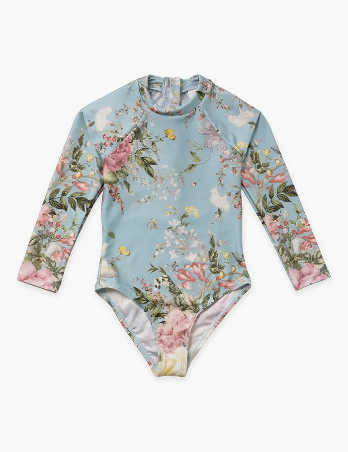 Kids Zimmermann Swimwear Waverly Long Sleeve 1pc Light Blue Floral
