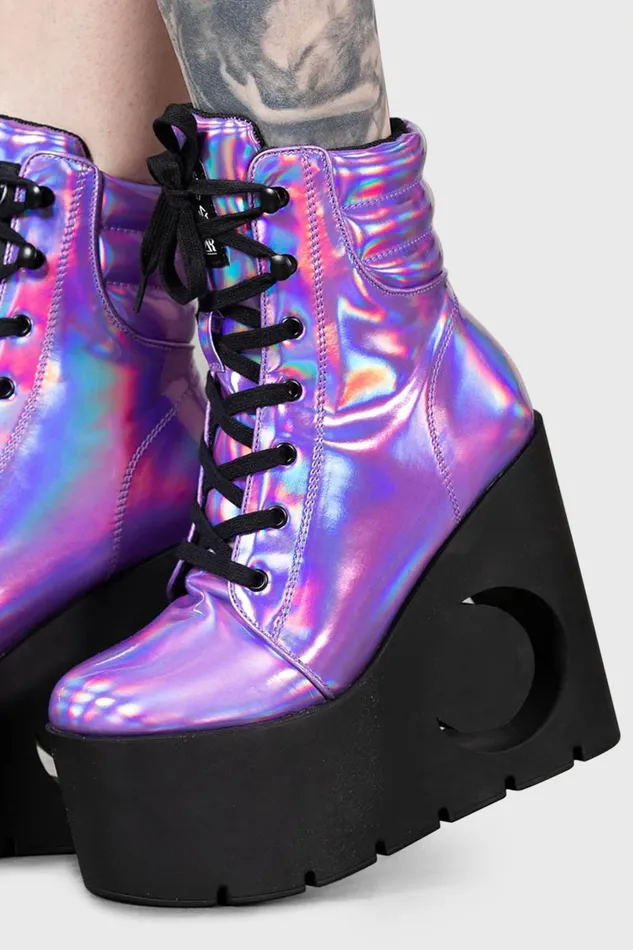 Killstar Boots Women Diana Crescent Wedge Boots PURPLE HOLOGRAPHIC