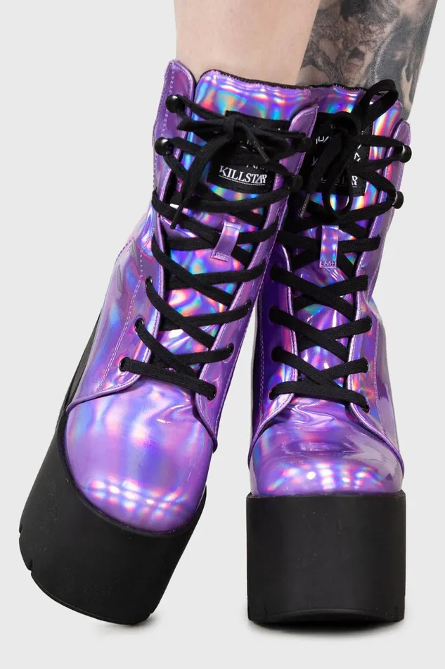 Killstar Boots Women Diana Crescent Wedge Boots PURPLE HOLOGRAPHIC