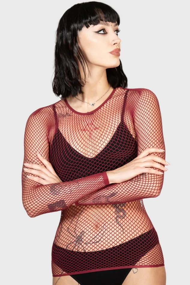 Killstar Long Sleeves Women Hellrazor Fishnet Top BURGUNDY