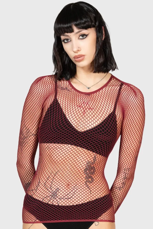 Killstar Long Sleeves Women Hellrazor Fishnet Top BURGUNDY