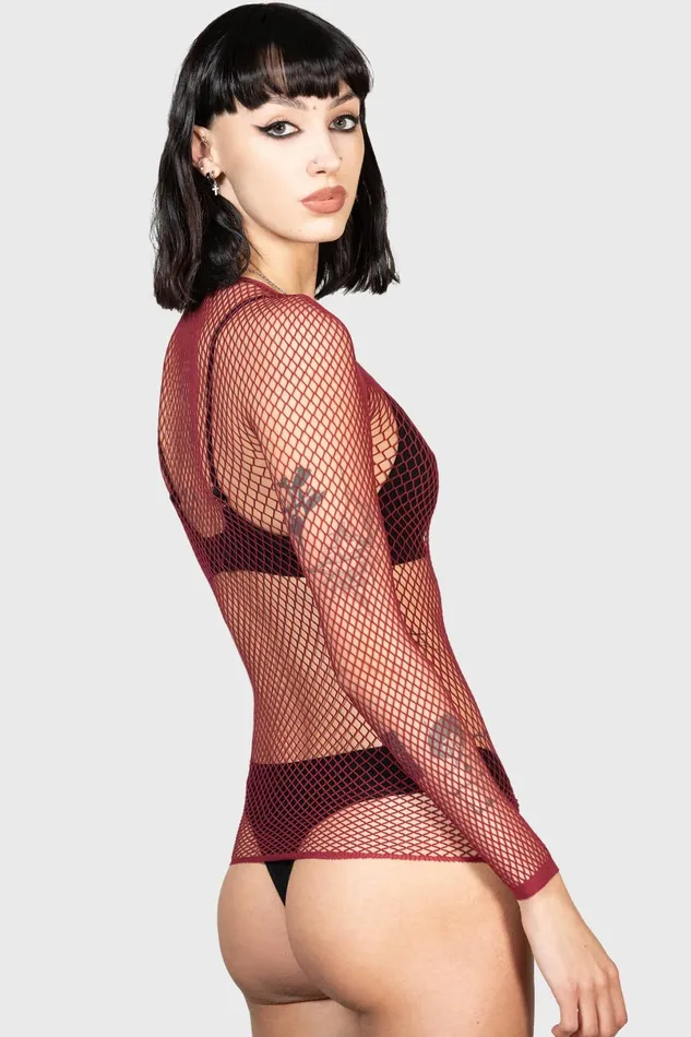 Killstar Long Sleeves Women Hellrazor Fishnet Top BURGUNDY