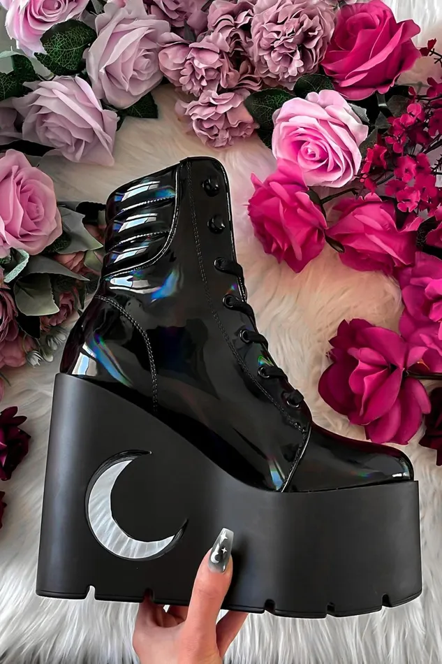 Killstar Platforms Women Diana Crescent Wedge Boots BLACK HOLOGRAPHIC
