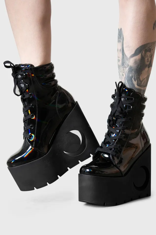 Killstar Platforms Women Diana Crescent Wedge Boots BLACK HOLOGRAPHIC