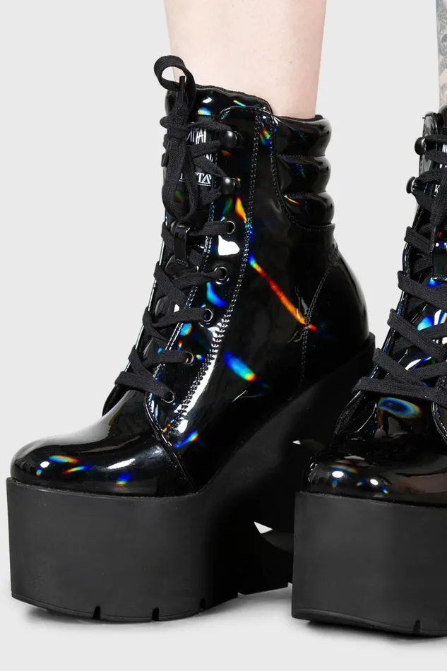 Killstar Platforms Women Diana Crescent Wedge Boots BLACK HOLOGRAPHIC