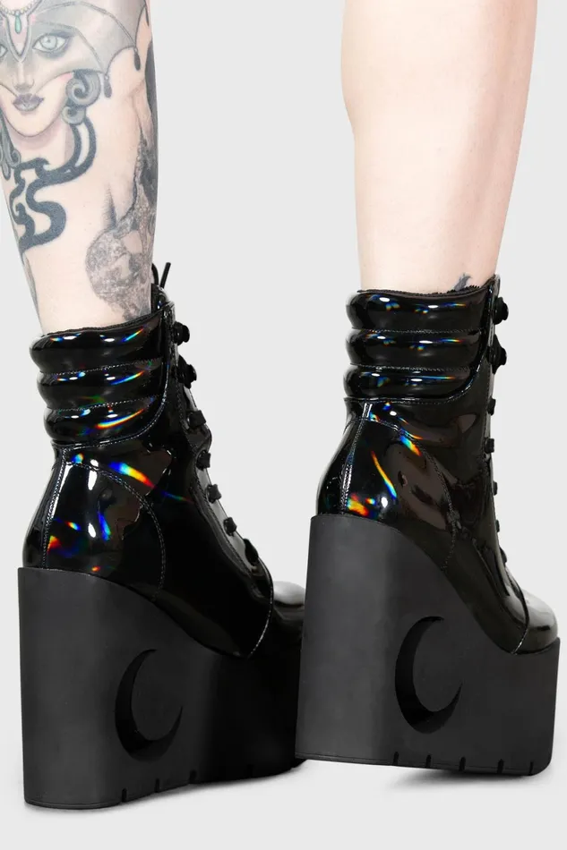Killstar Platforms Women Diana Crescent Wedge Boots BLACK HOLOGRAPHIC