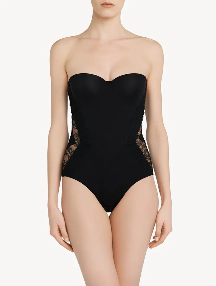 La Perla Luxury Black Lycra Control Fit Body With Chantilly Lace Women Bodysuits and Bustiers