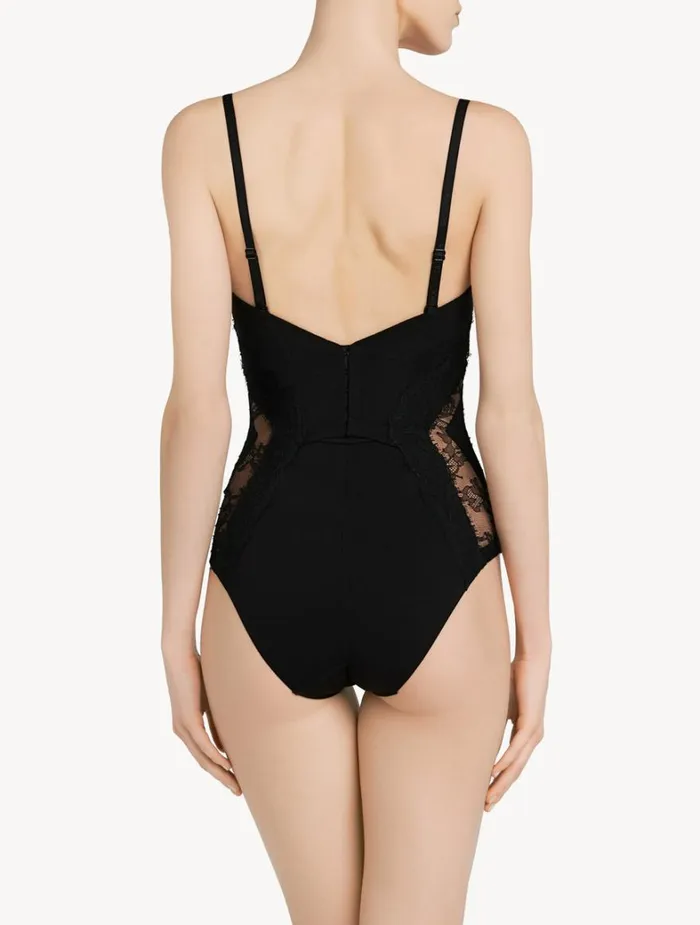 La Perla Luxury Black Lycra Control Fit Body With Chantilly Lace Women Bodysuits and Bustiers