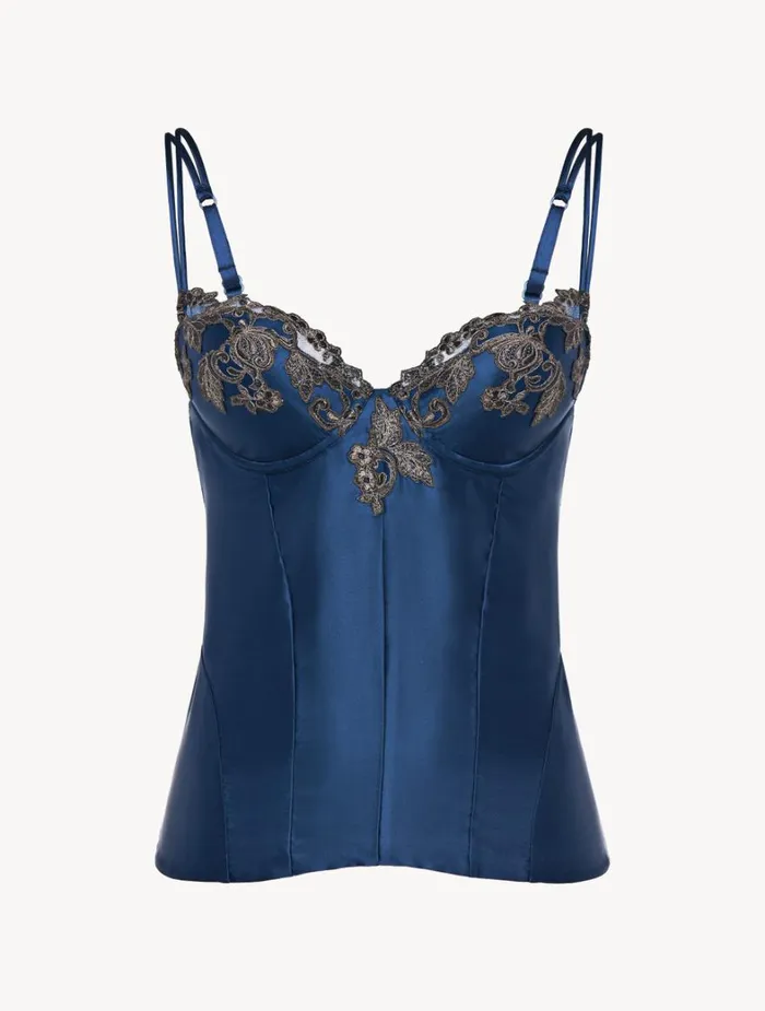 La Perla Luxury Silk Corset In Blue Satin With Frastaglio Women Bodysuits and Bustiers