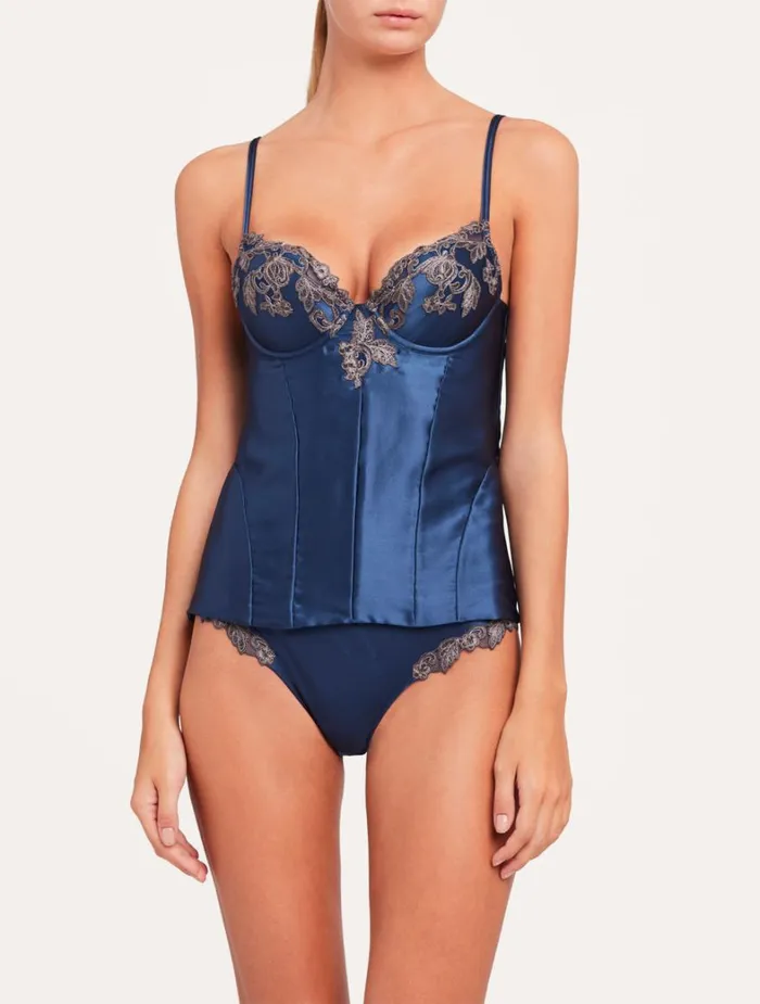 La Perla Luxury Silk Corset In Blue Satin With Frastaglio Women Bodysuits and Bustiers