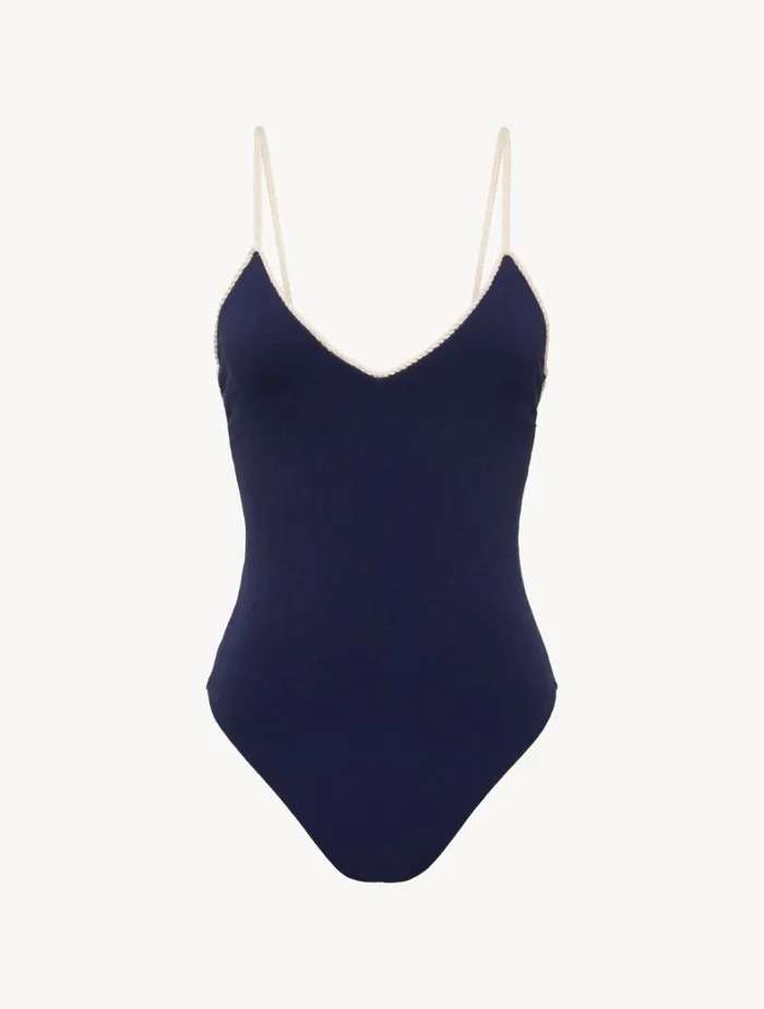 La Perla Monogram Vneck Swimsuit In Navy Women OnePiece Bathing Suits