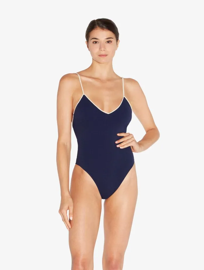 La Perla Monogram Vneck Swimsuit In Navy Women OnePiece Bathing Suits