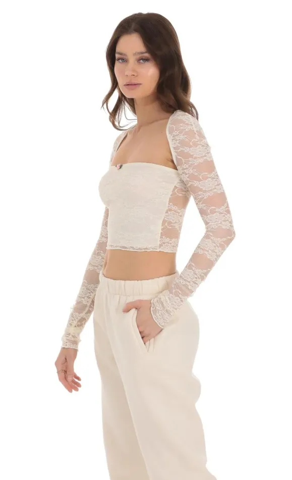 Lace Long Sleeve Top Cream Women LUCY IN THE SKY Tops Lace Long Sleeve Top Cream Women LUCY IN THE SKY Tops