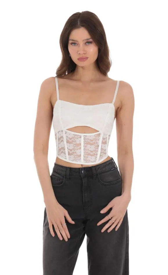 Lace Satin Cutout Top White Women LUCY IN THE SKY Tops