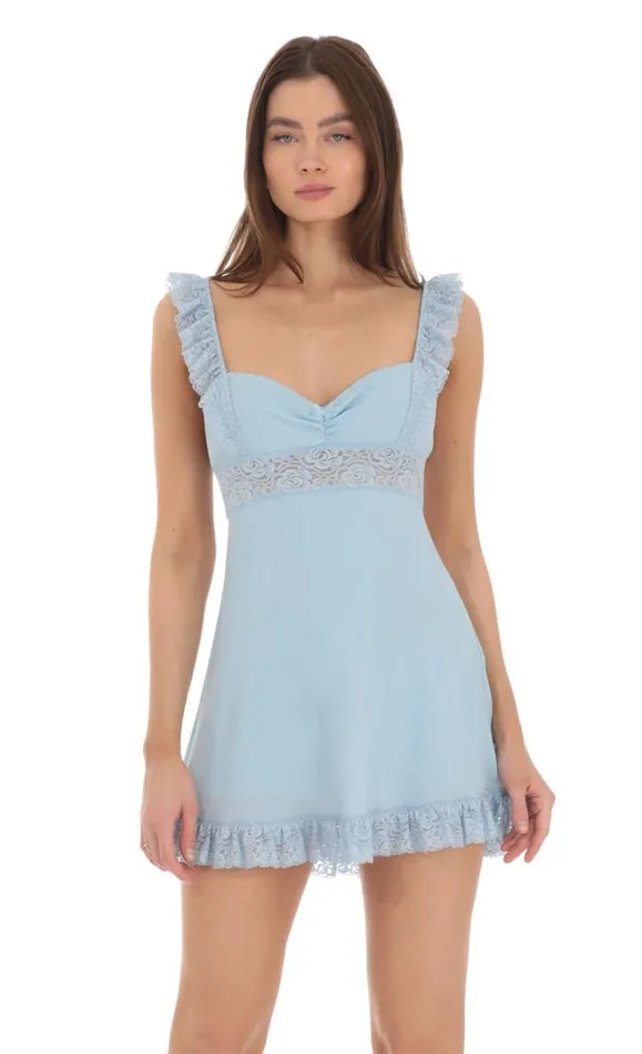 Lace Strap Ruffle Dress Blue Women LUCY IN THE SKY Mini Dresses