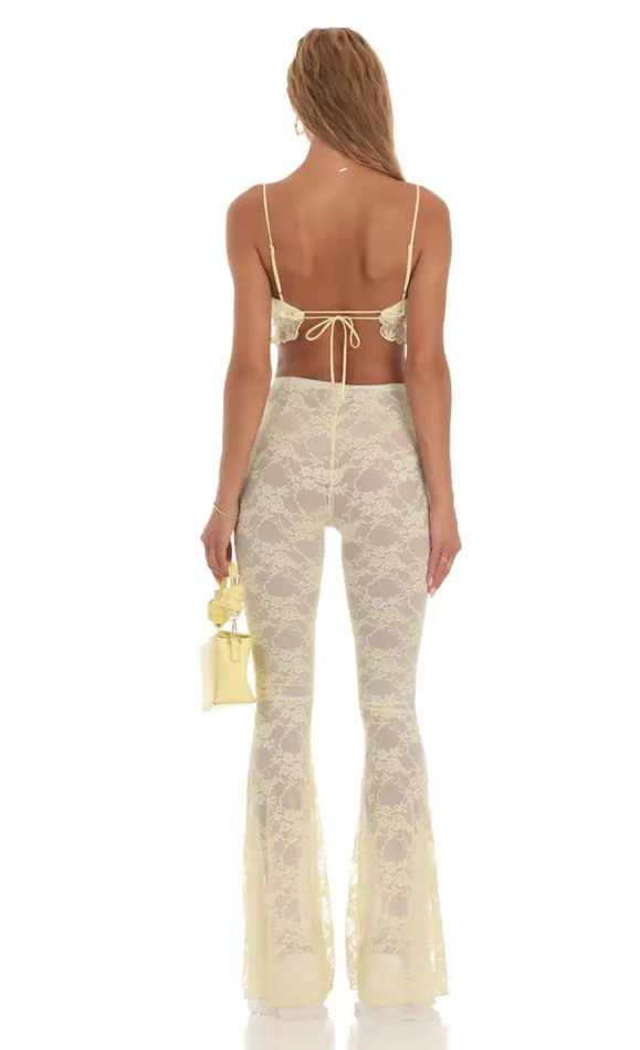 Lace Three Piece Set Yellow Women LUCY IN THE SKY Pants Lace Three Piece Set Yellow Women LUCY IN THE SKY Pants