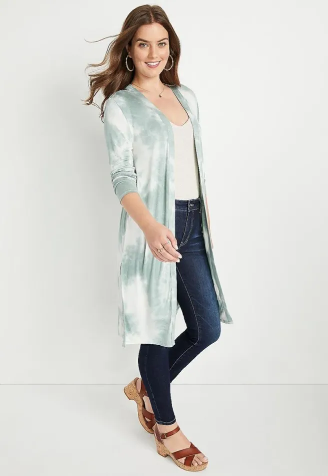 Light Green Tie Dye Duster Length Cardigan Women Maurices Tops