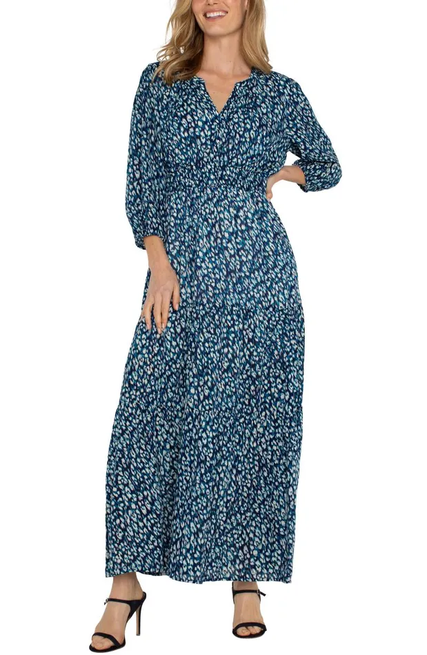 Liverpool Los Angeles Dresses 34 SLEEVE TIERED MAXI DRESS Blue Topaz Animal 8211 Womens