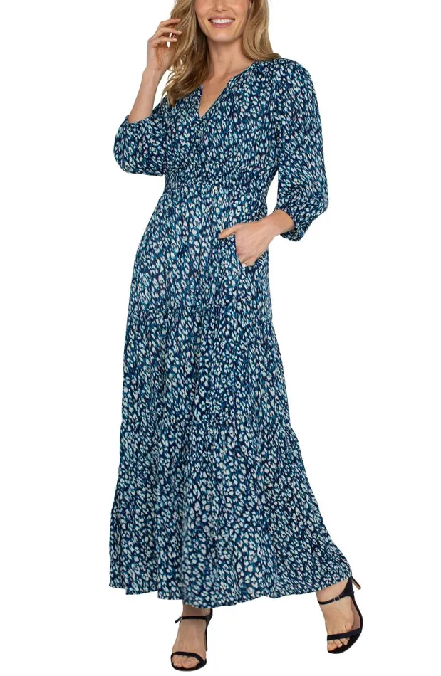 Liverpool Los Angeles Dresses 34 SLEEVE TIERED MAXI DRESS Blue Topaz Animal 8211 Womens