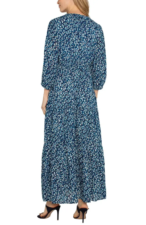 Liverpool Los Angeles Dresses 34 SLEEVE TIERED MAXI DRESS Blue Topaz Animal 8211 Womens