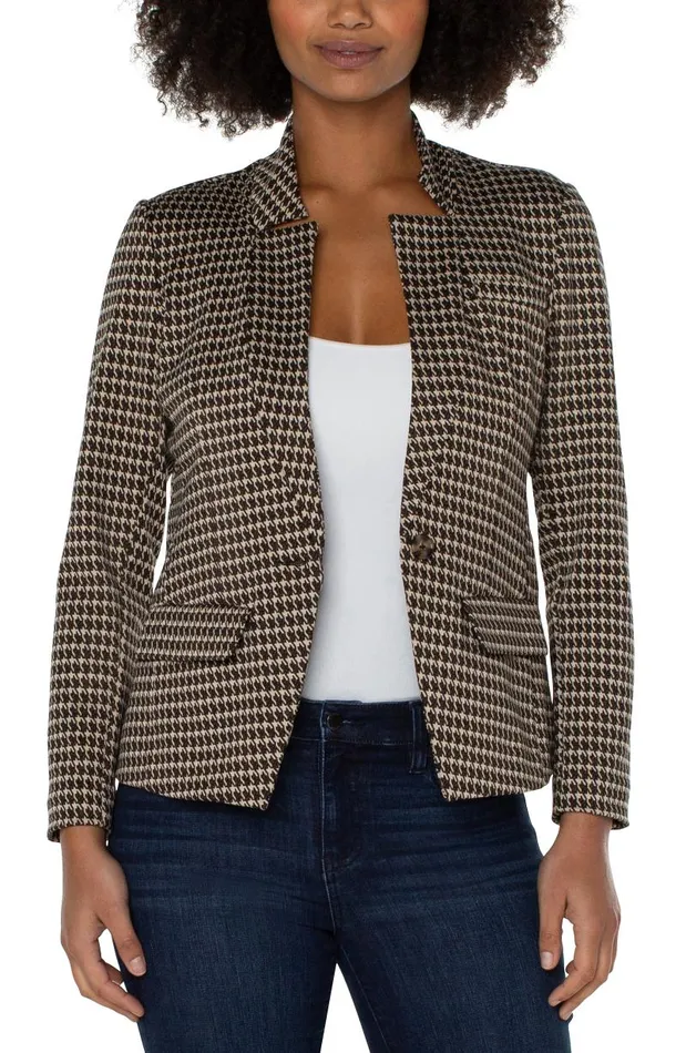 Liverpool Los Angeles Jackets ONE BUTTON BLAZER Tan Brown Mod Houndstooth 8211 Womens
