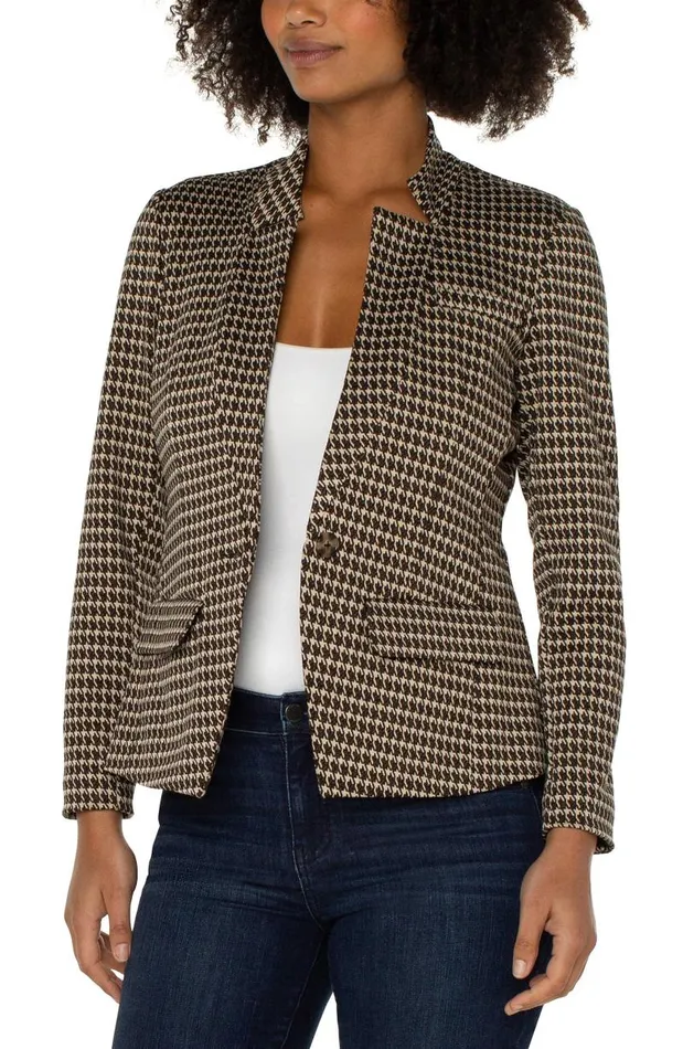 Liverpool Los Angeles Jackets ONE BUTTON BLAZER Tan Brown Mod Houndstooth 8211 Womens