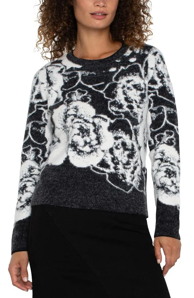 Liverpool Los Angeles Sweaters LONG SLEEVE CREW NECK SWEATER Black And White Floral 8211 Womens