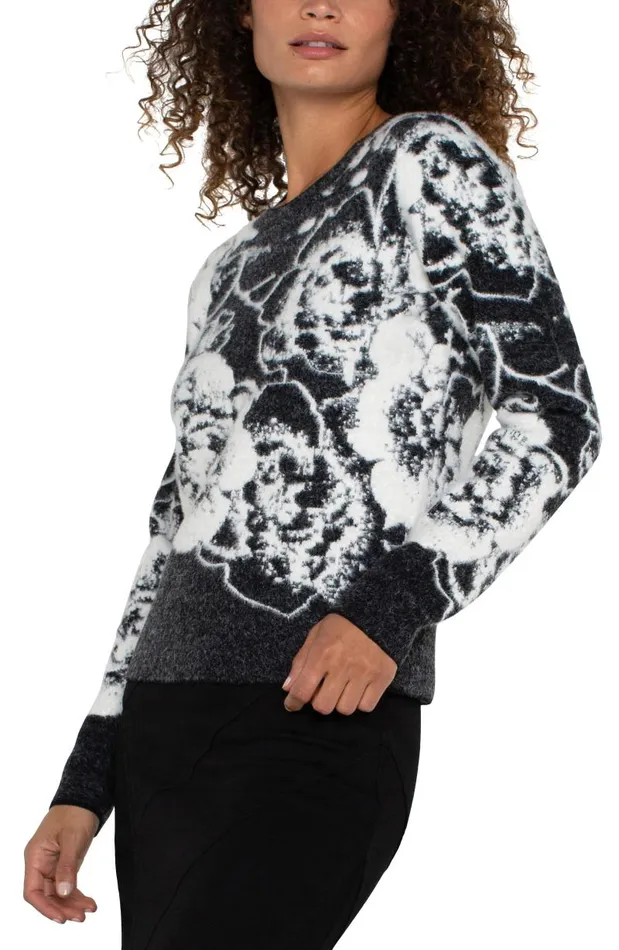 Liverpool Los Angeles Sweaters LONG SLEEVE CREW NECK SWEATER Black And White Floral 8211 Womens