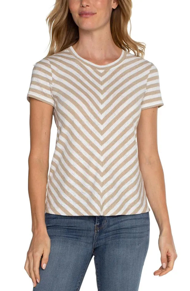 Liverpool Los Angeles Tees SHORT SLEEVE KNIT TOP WITH MITER Cream Tan Stripe 8211 Womens Liverpool Los Angeles Tees SHORT SLEEVE KNIT TOP WITH MITER Cream Tan Stripe 8211 Womens