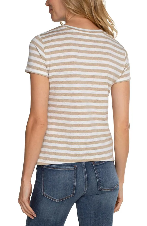 Liverpool Los Angeles Tees SHORT SLEEVE KNIT TOP WITH MITER Cream Tan Stripe 8211 Womens