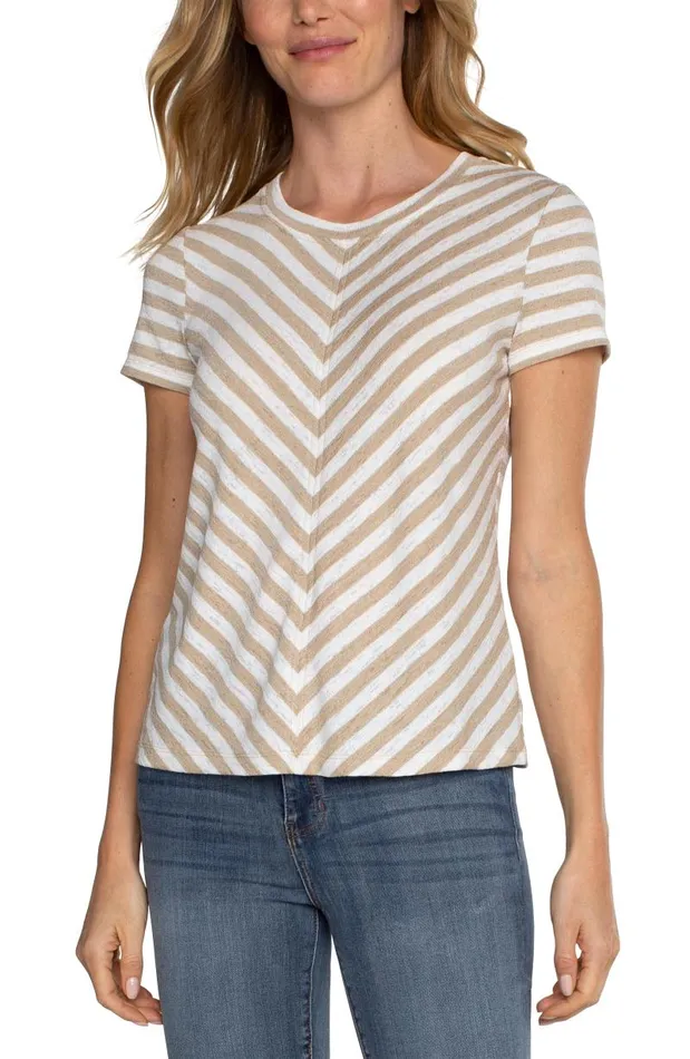 Liverpool Los Angeles Tees SHORT SLEEVE KNIT TOP WITH MITER Cream Tan Stripe 8211 Womens