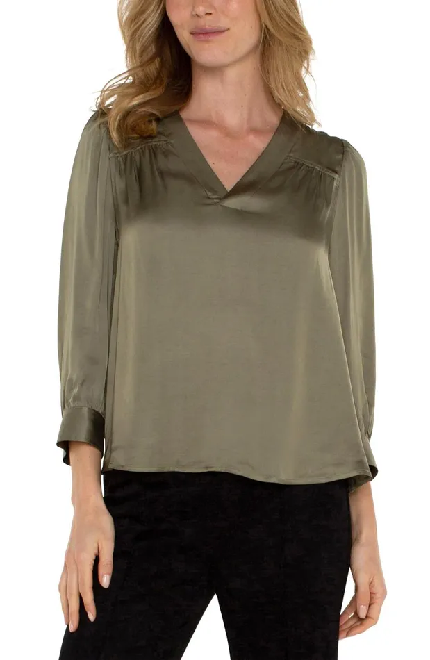 Liverpool Los Angeles Tops LONG SLEEVE PLEATED NECK WOVEN BLOUSE Spanish Olive 8211 Womens Liverpool Los Angeles Tops LONG SLEEVE PLEATED NECK WOVEN BLOUSE Spanish Olive 8211 Womens