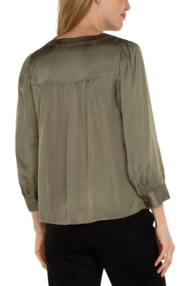 Liverpool Los Angeles Tops LONG SLEEVE PLEATED NECK WOVEN BLOUSE Spanish Olive 8211 Womens