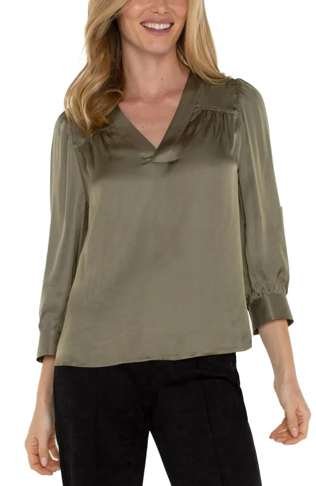 Liverpool Los Angeles Tops LONG SLEEVE PLEATED NECK WOVEN BLOUSE Spanish Olive 8211 Womens