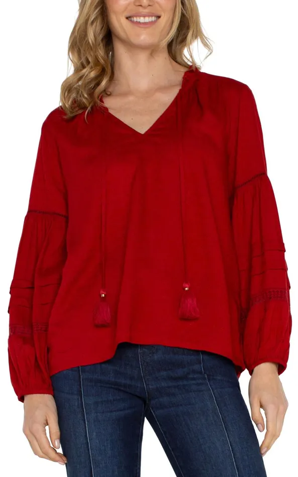 Liverpool Los Angeles Tops TIE FRONT POPOVER SHIRRED BLOUSE Carnelian Red 8211 Womens
