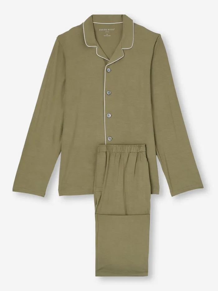 Long Pajamas Men Derek Rose Pajamas Basel Micro Modal Stretch Khaki
