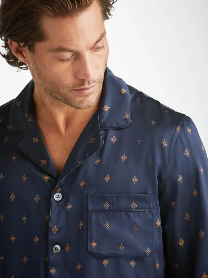 Long Pajamas Men Derek Rose Pajamas Brindisi 103 Silk Satin Navy
