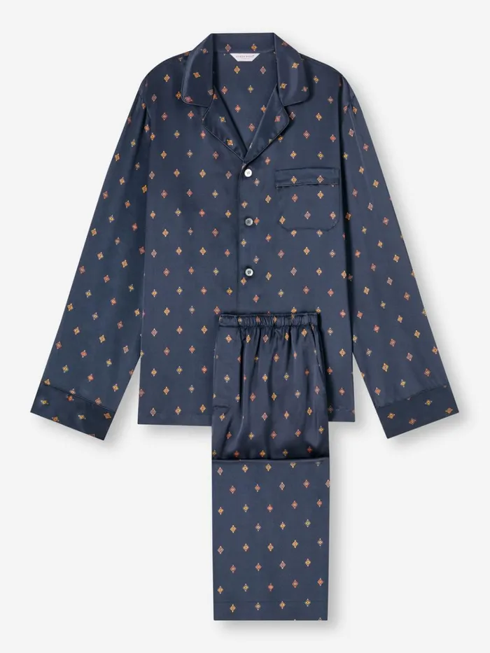 Long Pajamas Men Derek Rose Pajamas Brindisi 103 Silk Satin Navy