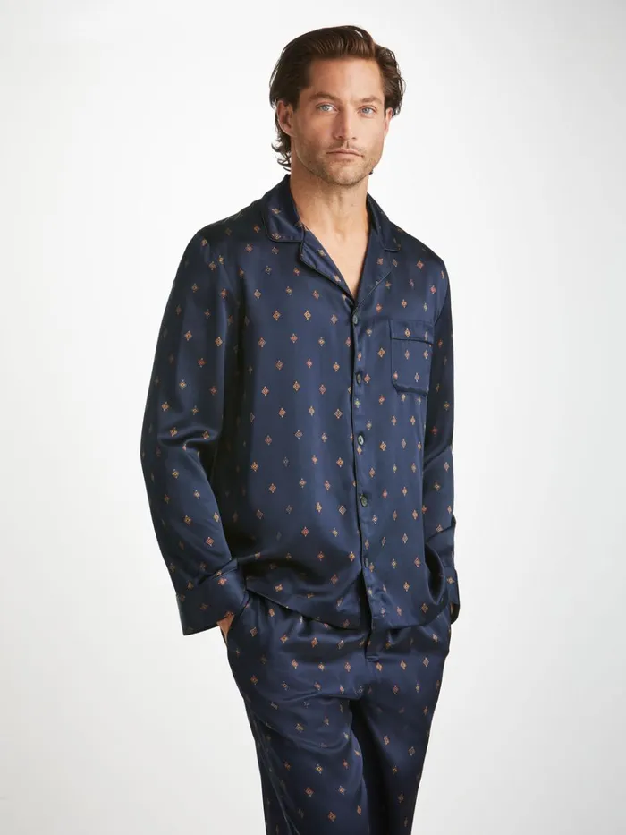 Long Pajamas Men Derek Rose Pajamas Brindisi 103 Silk Satin Navy