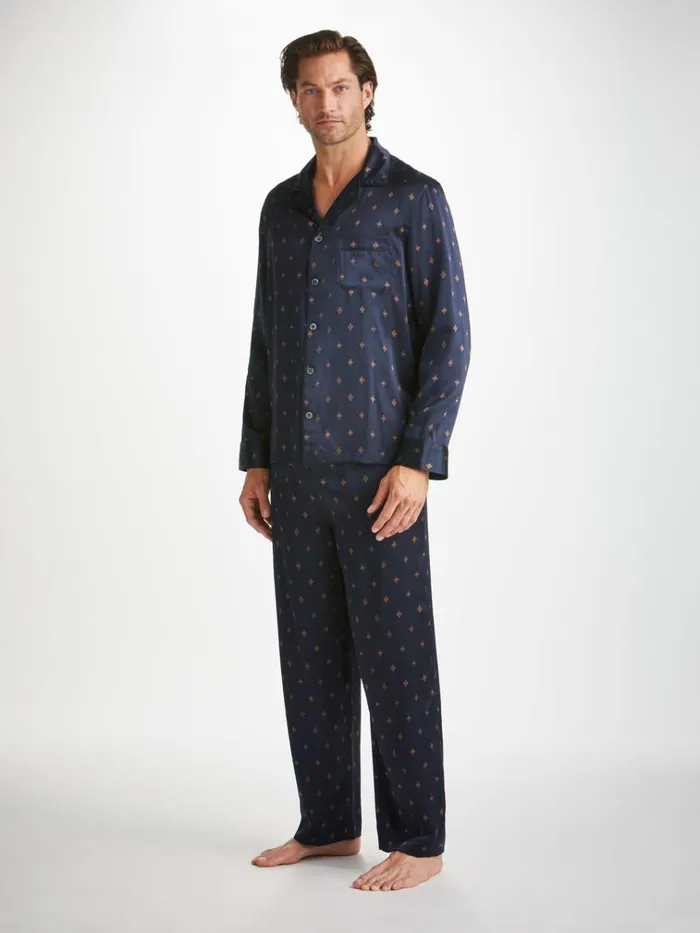 Long Pajamas Men Derek Rose Pajamas Brindisi 103 Silk Satin Navy