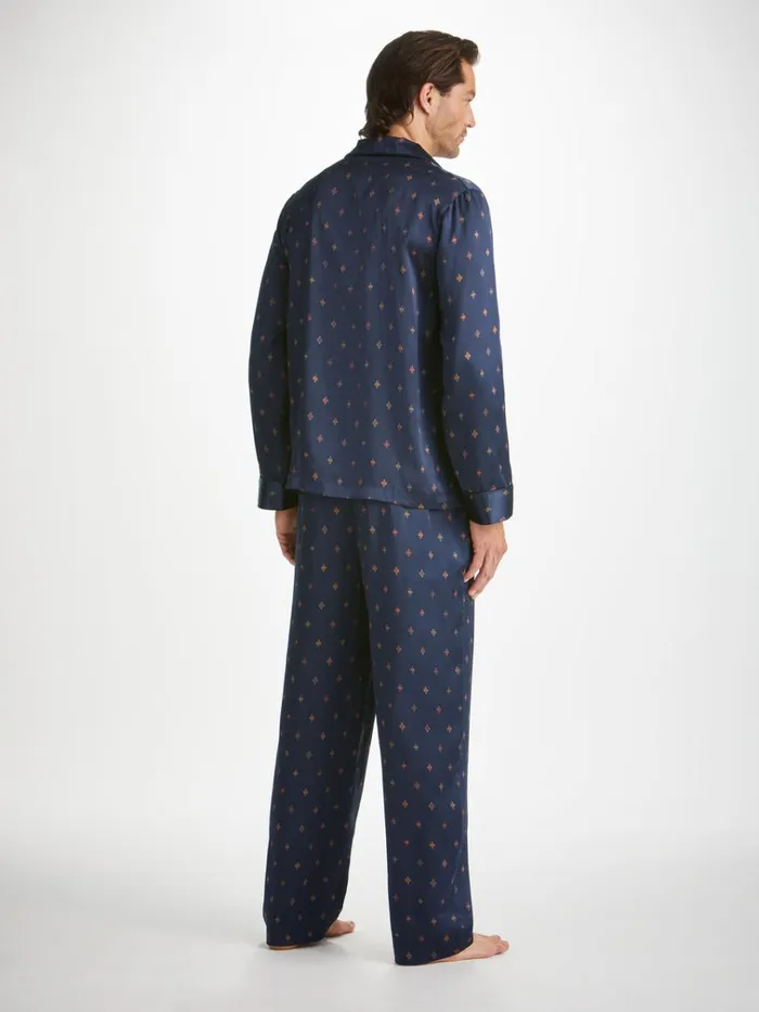 Long Pajamas Men Derek Rose Pajamas Brindisi 103 Silk Satin Navy