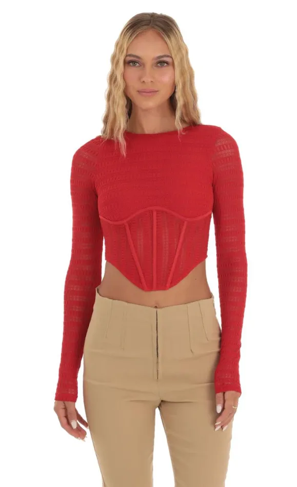 Long Sleeve Corset Top Red Women LUCY IN THE SKY Tops