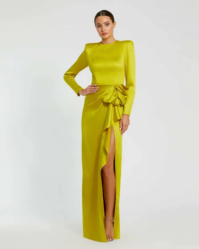 Long Sleeve Structured Bow Draped Gown Chartreuse Women Evening Gowns Mac Duggal