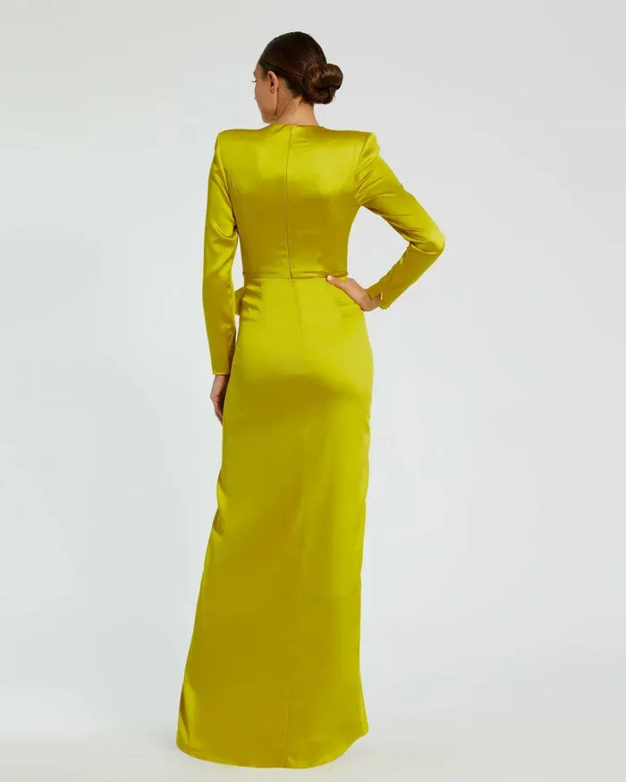 Long Sleeve Structured Bow Draped Gown Chartreuse Women Evening Gowns Mac Duggal