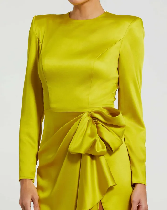 Long Sleeve Structured Bow Draped Gown Chartreuse Women Evening Gowns Mac Duggal