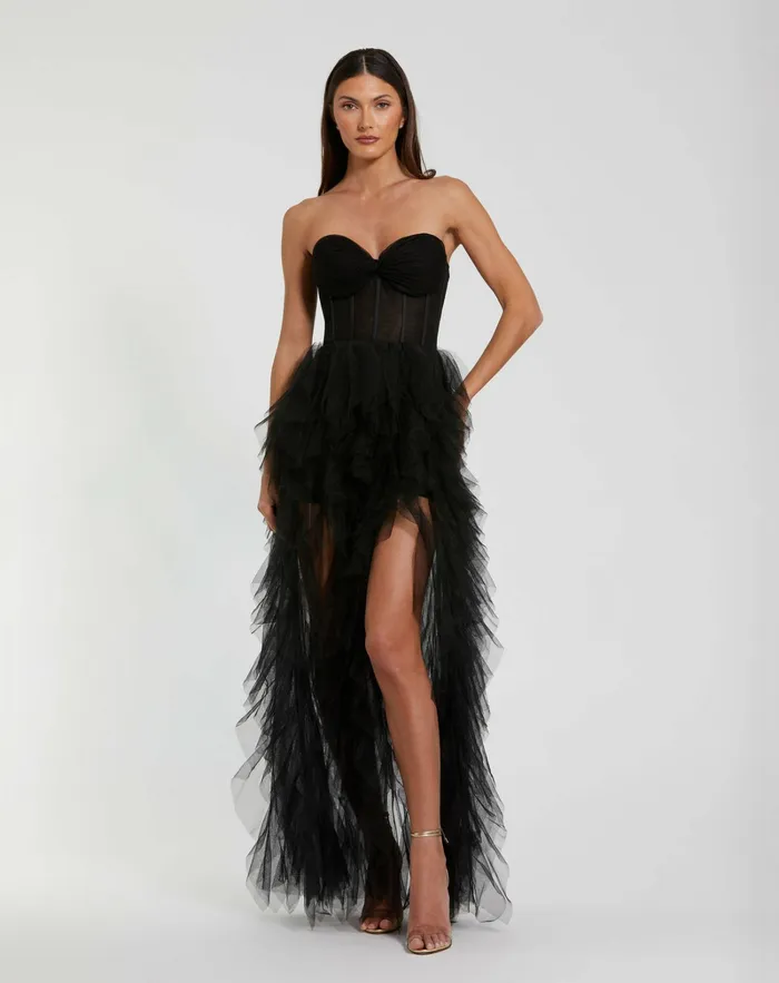 Mac Duggal Best Sellers Women Strapless Bustier Net Gown With Spiral Ruffles Black