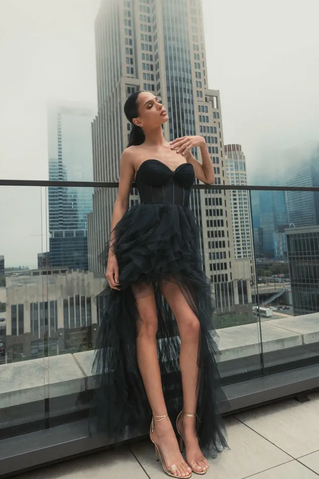 Mac Duggal Best Sellers Women Strapless Bustier Net Gown With Spiral Ruffles Black Mac Duggal Best Sellers Women Strapless Bustier Net Gown With Spiral Ruffles Black