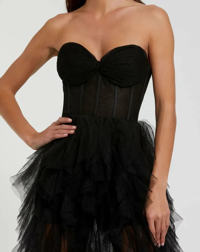 Mac Duggal Best Sellers Women Strapless Bustier Net Gown With Spiral Ruffles Black Mac Duggal Best Sellers Women Strapless Bustier Net Gown With Spiral Ruffles Black