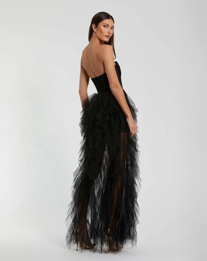 Mac Duggal Best Sellers Women Strapless Bustier Net Gown With Spiral Ruffles Black Mac Duggal Best Sellers Women Strapless Bustier Net Gown With Spiral Ruffles Black